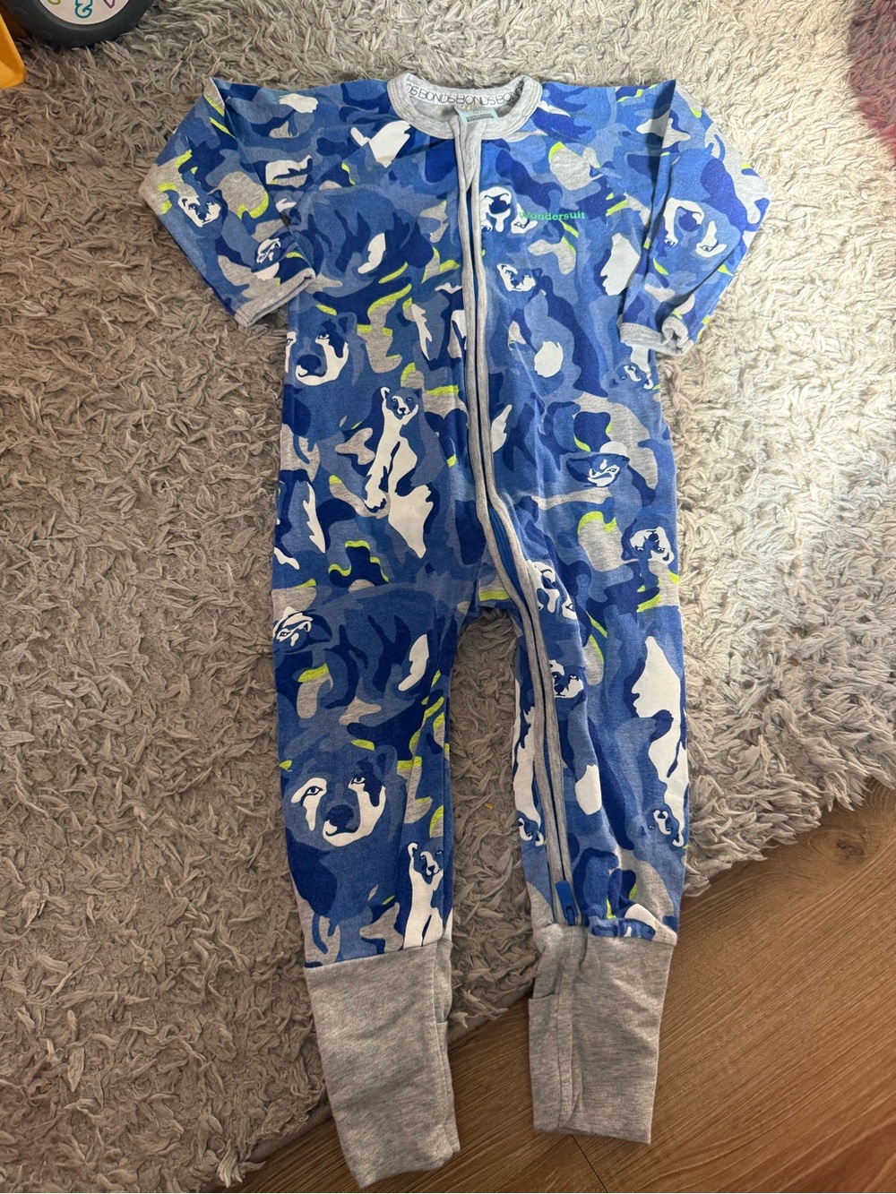 Bonds Blue Camouflage Bear Print Footie with Grey Cuffs